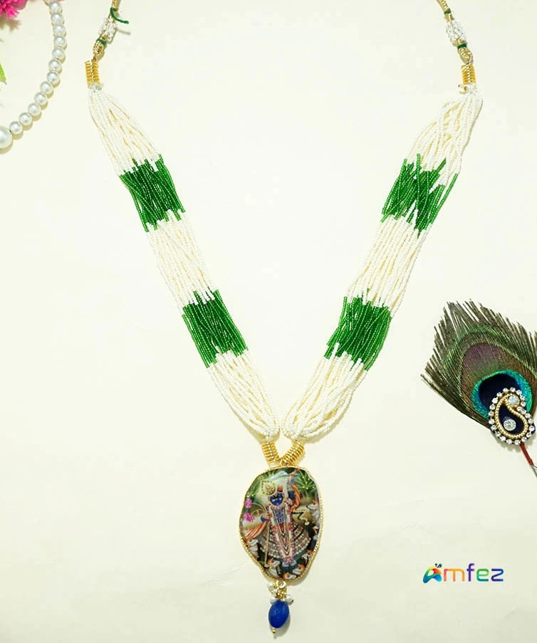 Beautiful White & Green Pearl Beads Long Necklace ( 9 Inch )