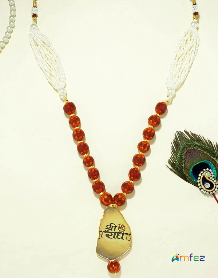 Beautiful Orange/ Red Pearl Beads Long Necklace ( 10 Inch )