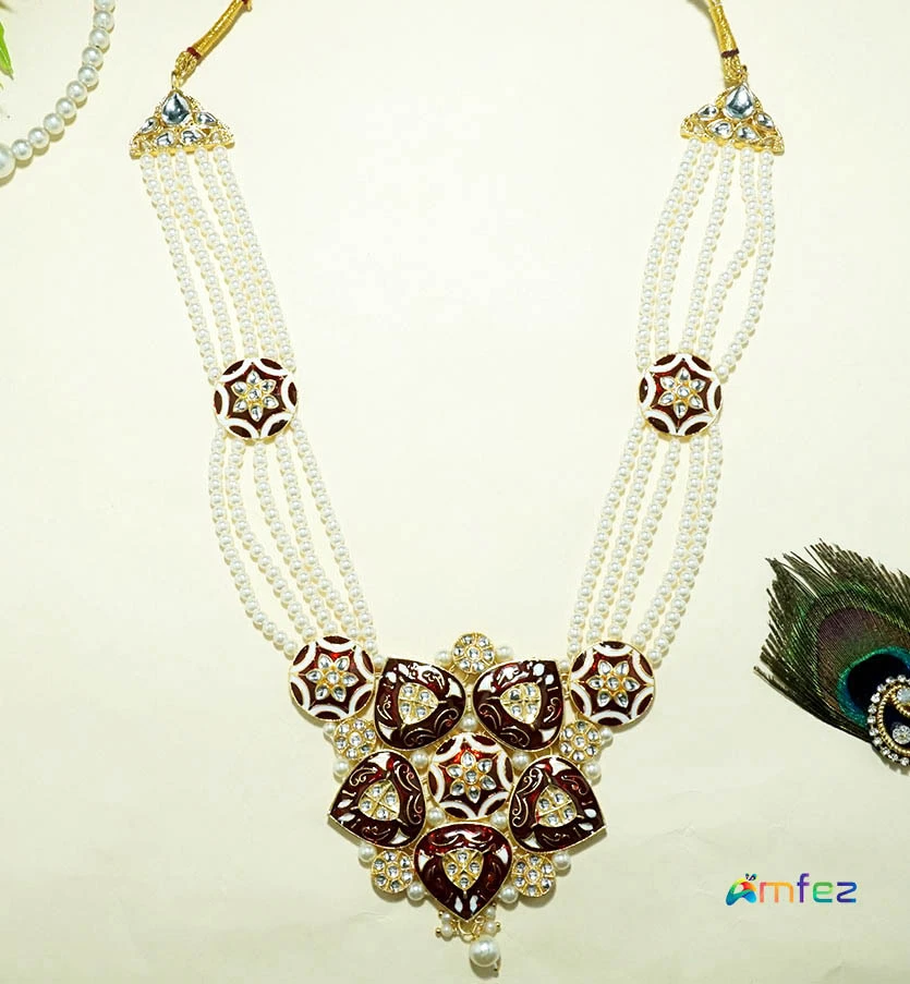 Beautiful Maroon Heavy Kundan Meena Pearl Beads Long Necklace (9 Inch )