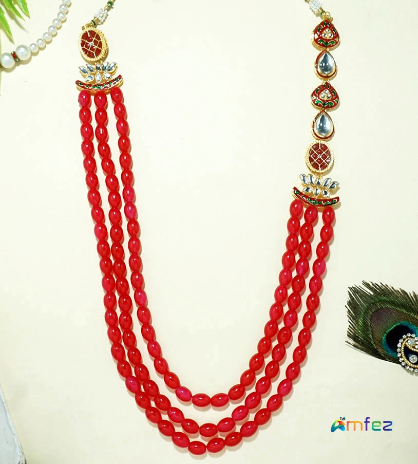 Beautiful Red Heavy Kundan Pearl Beads Long Necklace ( 11 Inch )