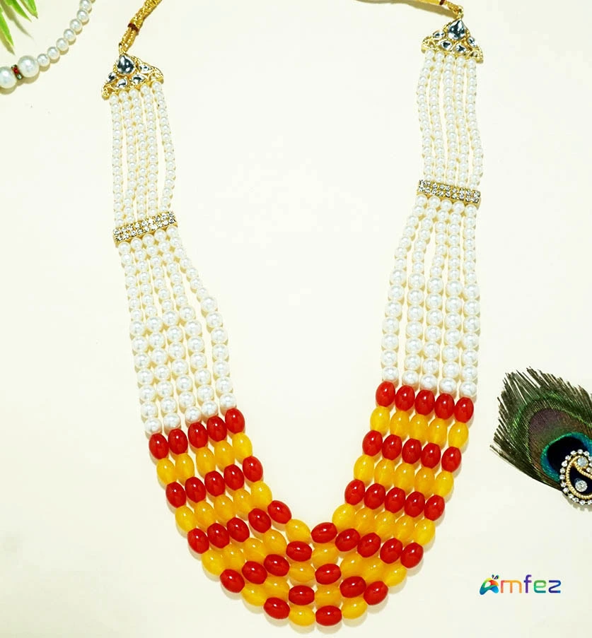 Beautiful Red Yellow Heavy Kundan Pearl Beads Long Necklace ( 11 Inch )