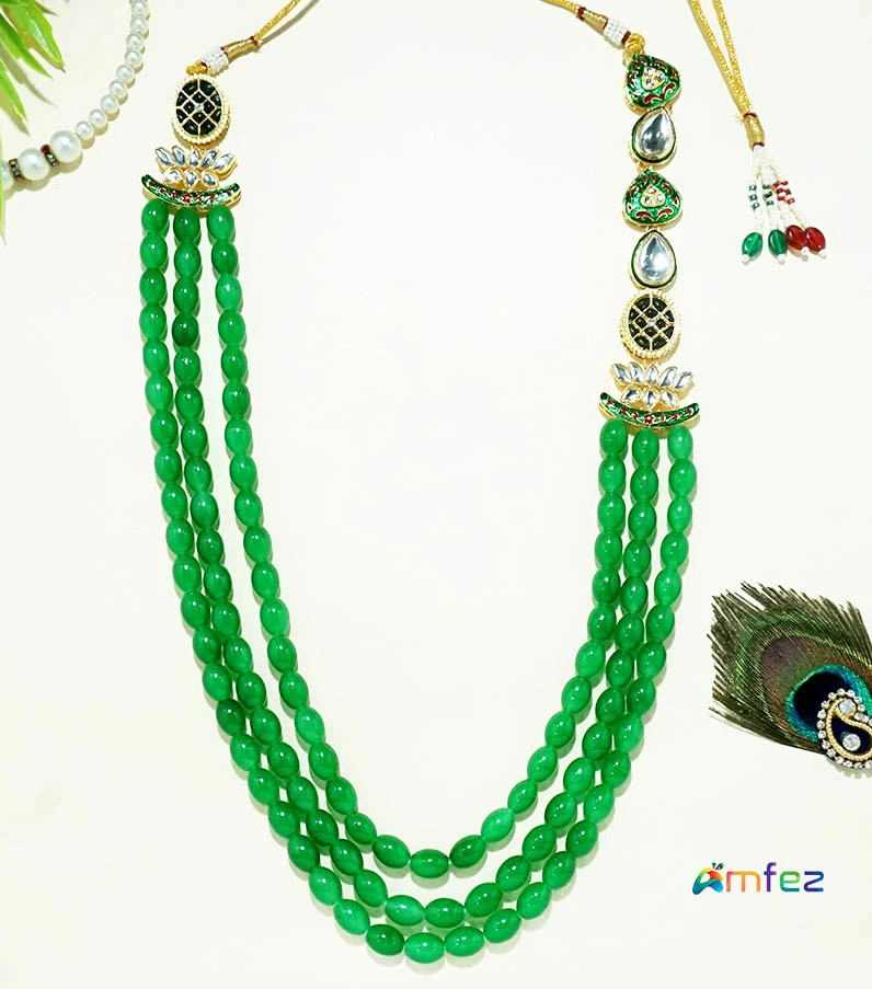 Beautiful Green Heavy Kundan Pearl Beads Long Necklace ( 11 Inch )