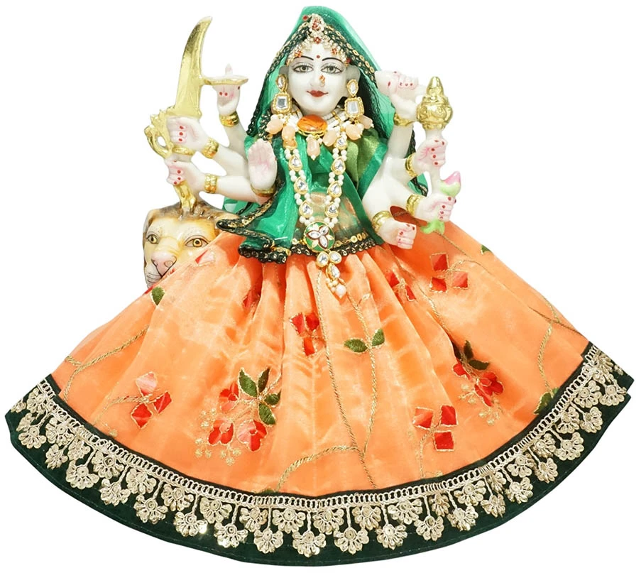 Amfez Durga Ji Orange & Green Embroidery Lace Work Dress