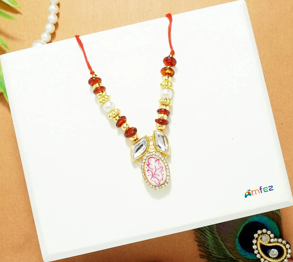 Red Stone Pearl Beads Necklace ( 3 Inch )