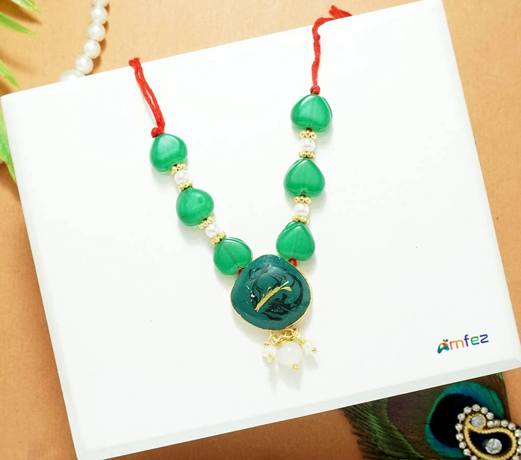 Green Heavy Stone Pearl Beads Necklace ( 2.5 Inch )