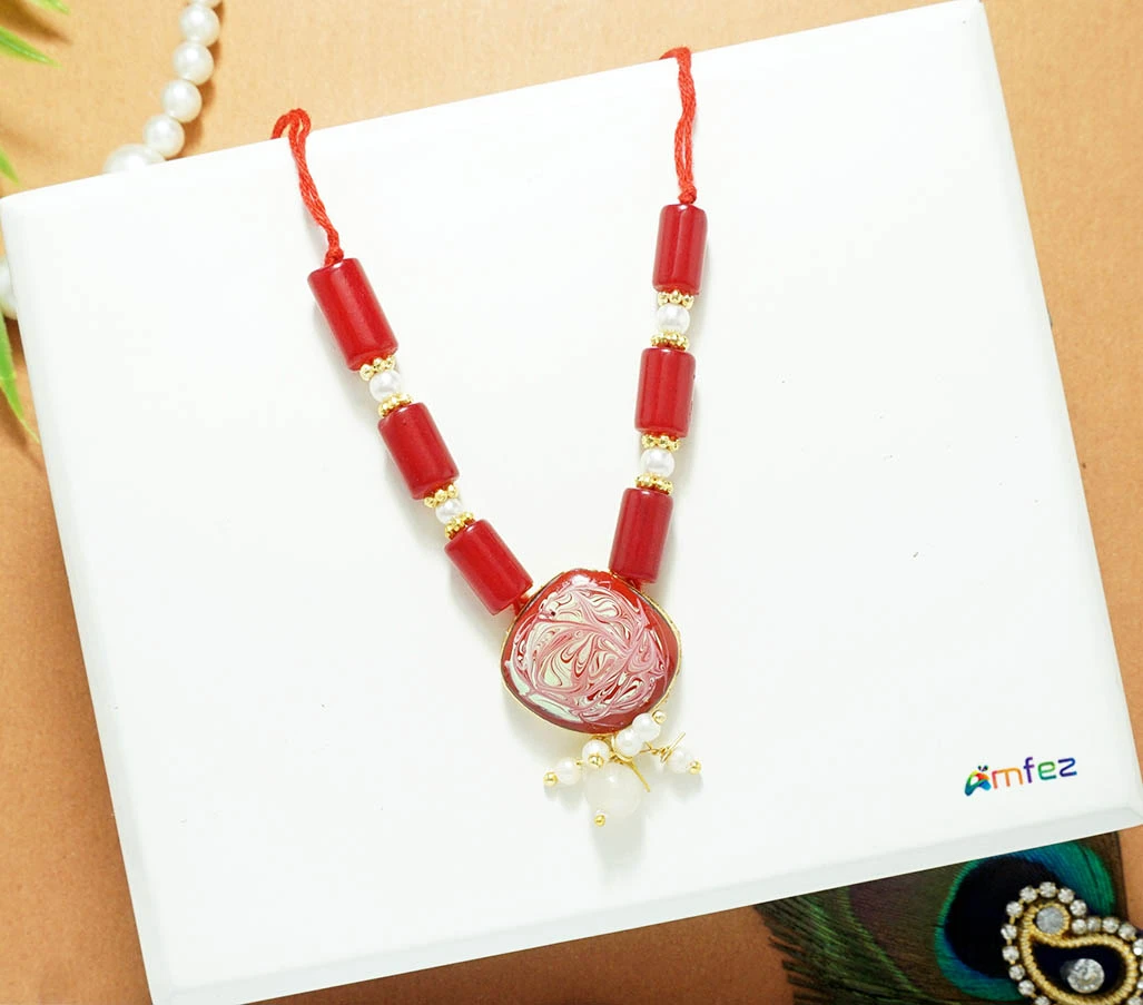 Red Heavy Stone Pearl Beads Necklace ( 2.5 Inch )