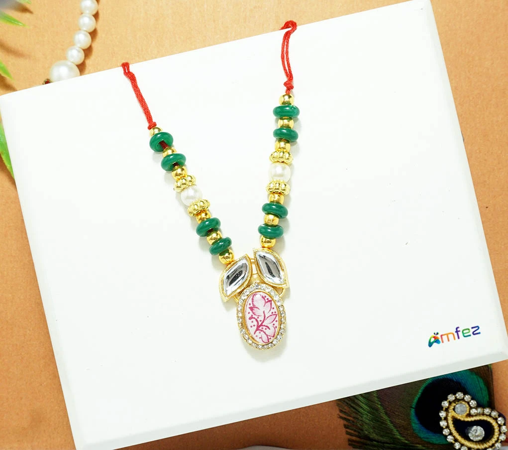 Green Stone Pearl Beads Necklace ( 3 Inch )