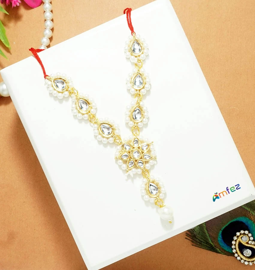 Golden White Stone Pearl Beads Necklace ( 4 Inch )