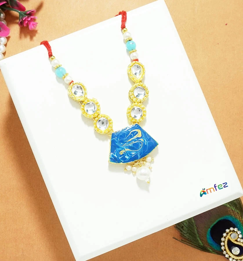 Blue Kundan Stone Pearl Beads Necklace ( 3 Inch )