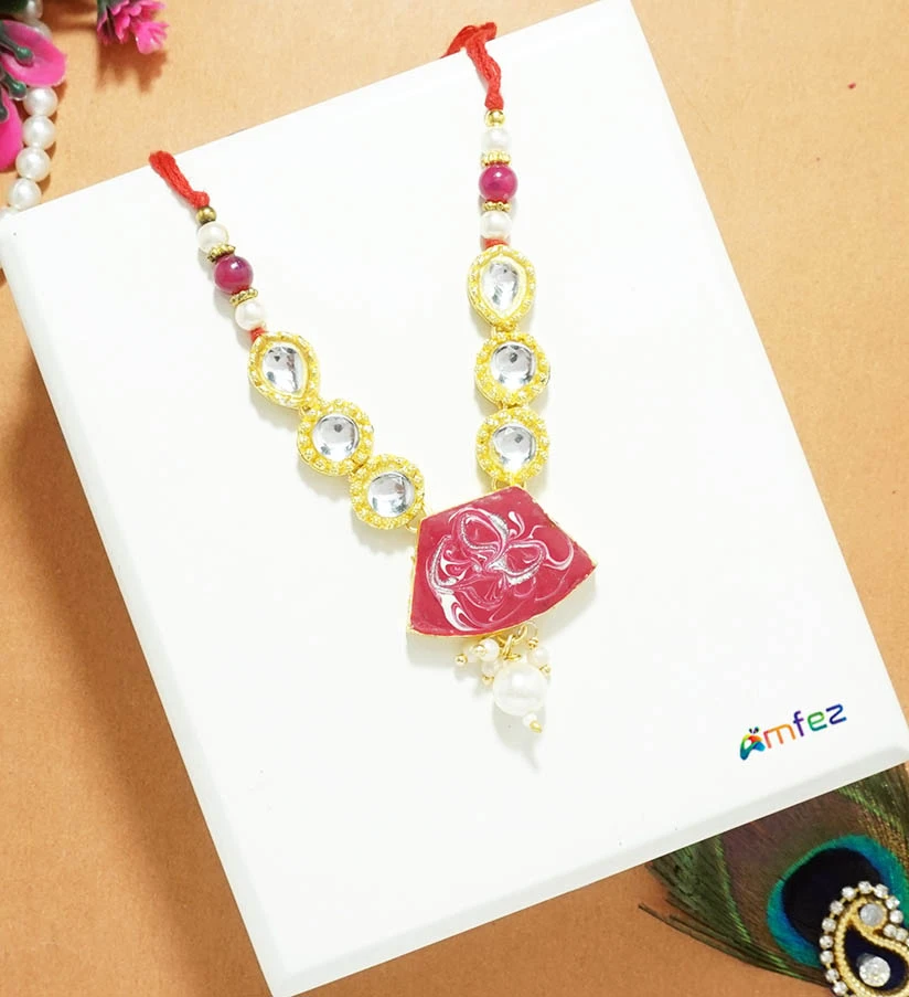 Rani Kundan Stone Pearl Beads Necklace ( 3 Inch )