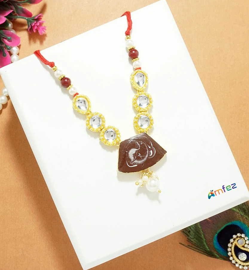 Red Kundan Stone Pearl Beads Necklace ( 3 Inch )