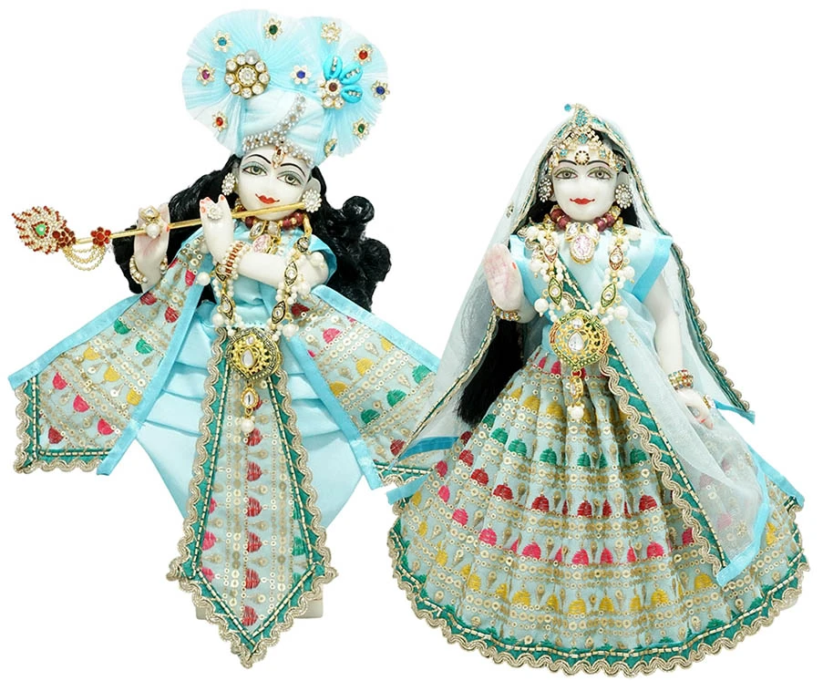 Amfez Radha Krishna SkyBlue Green Multi Embroidery Lace Work Dress