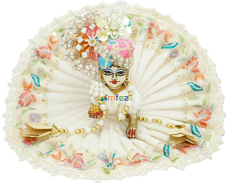 Beautiful Amfez Laddu Gopal Cream Embroidery Lace Work Dress