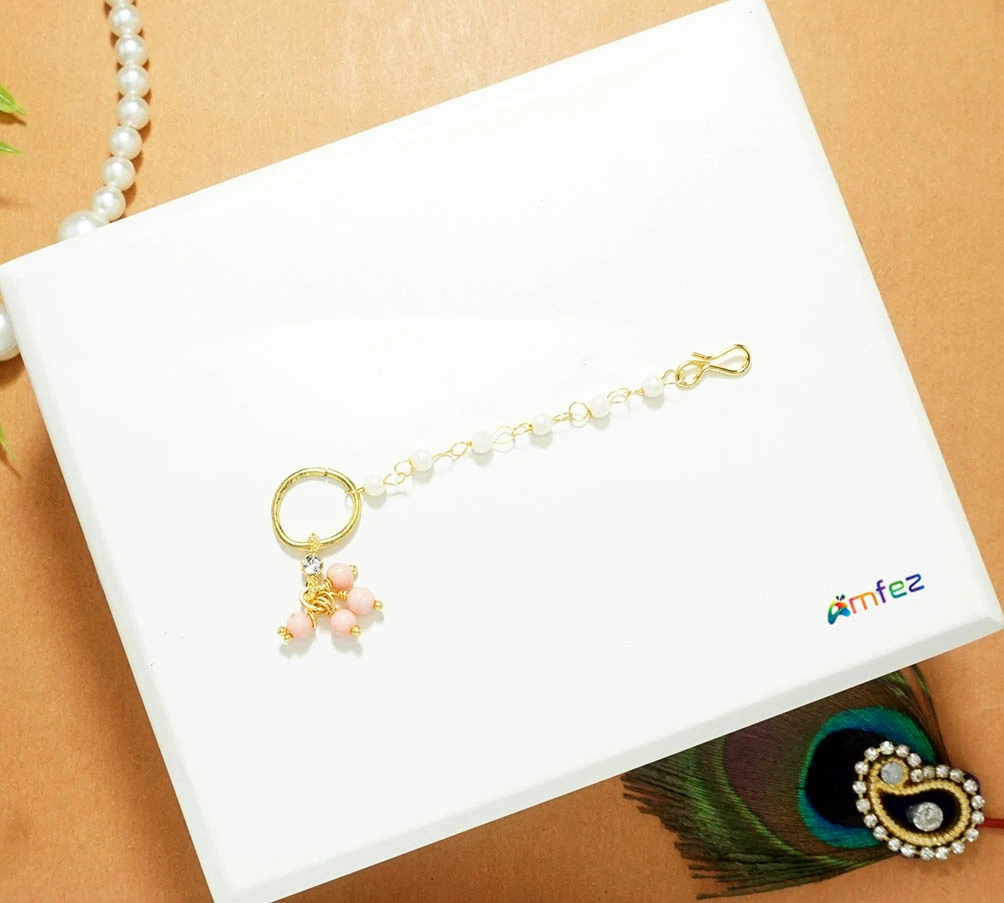 Baby Pink Stone Pearl beads Work Nose Ring ( 2.5 Inch )