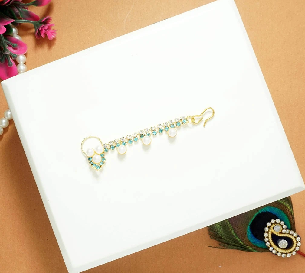 Sky Blue Stone Pearl beads Work Nose Ring ( 2.5 Inch )