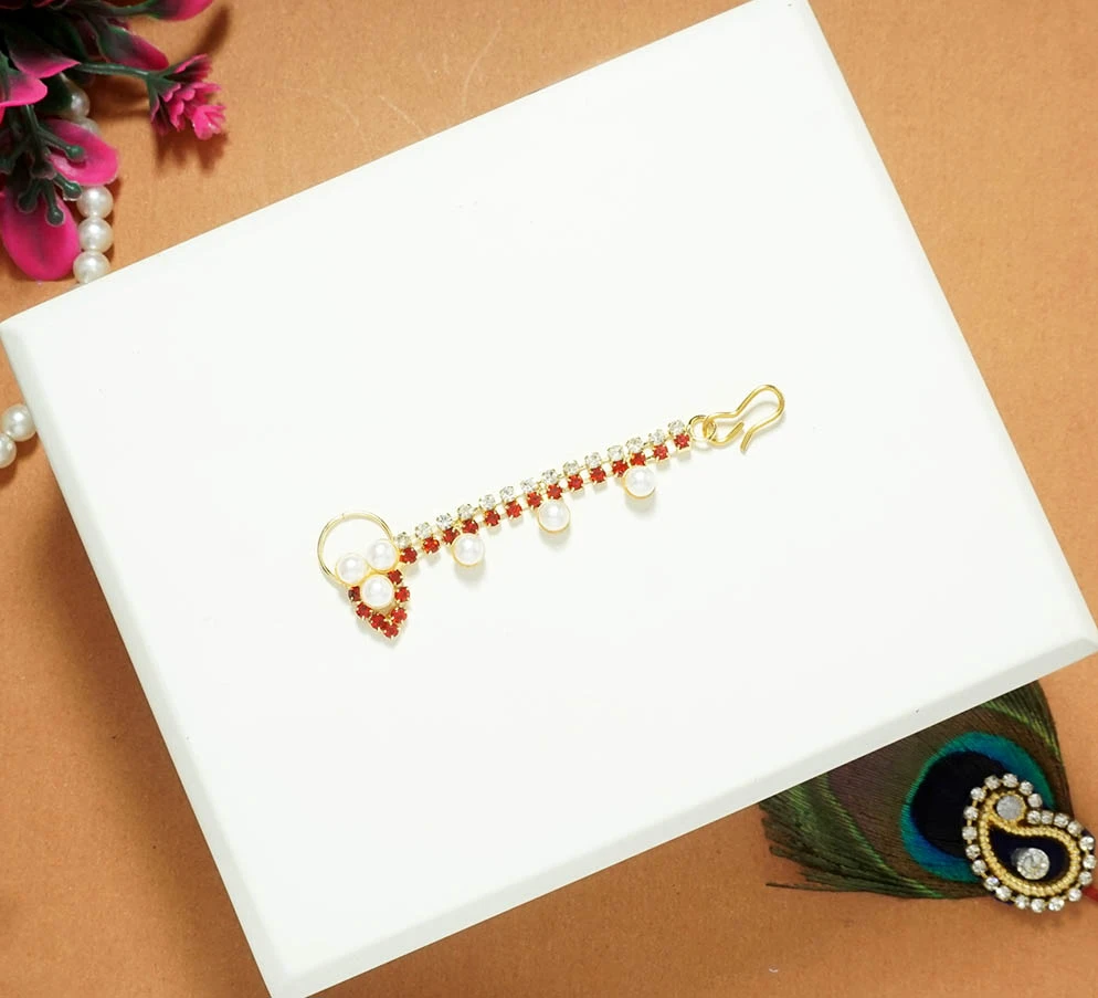 Red Stone Pearl beads Work Nose Ring ( 2.5 Inch )