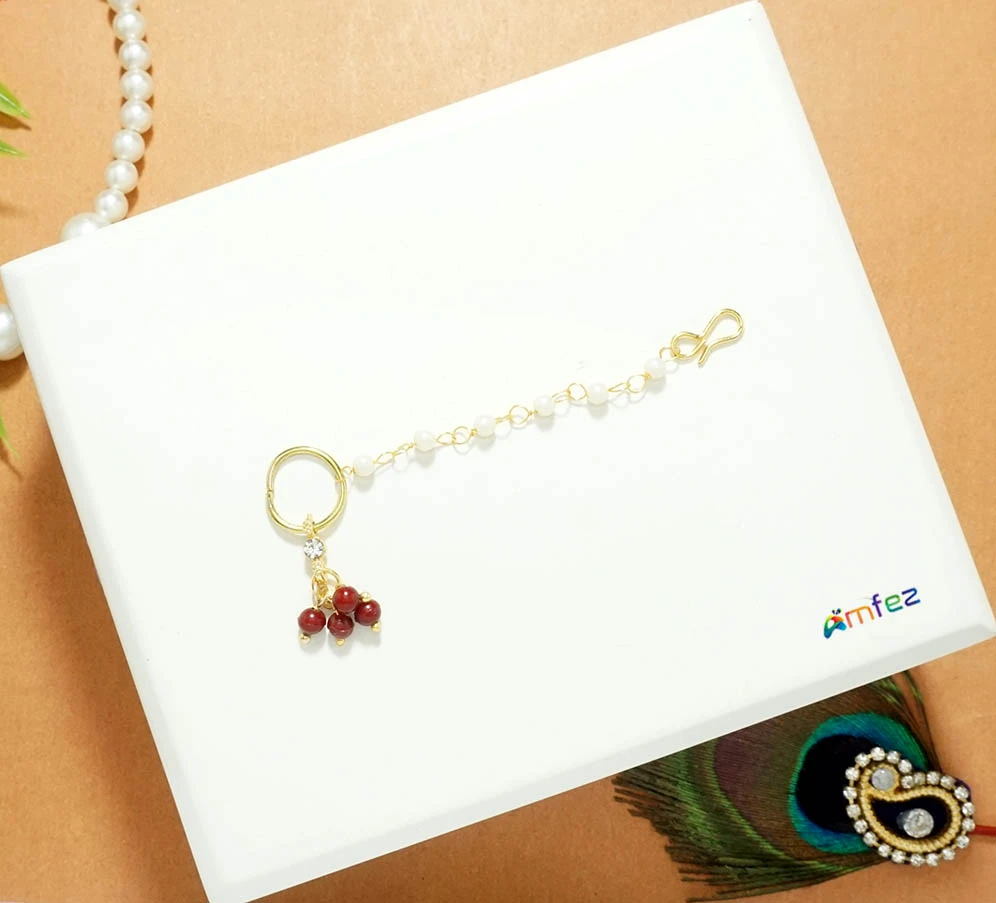 Maroon Stone Pearl beads Work Nose Ring ( 2.5 Inch )