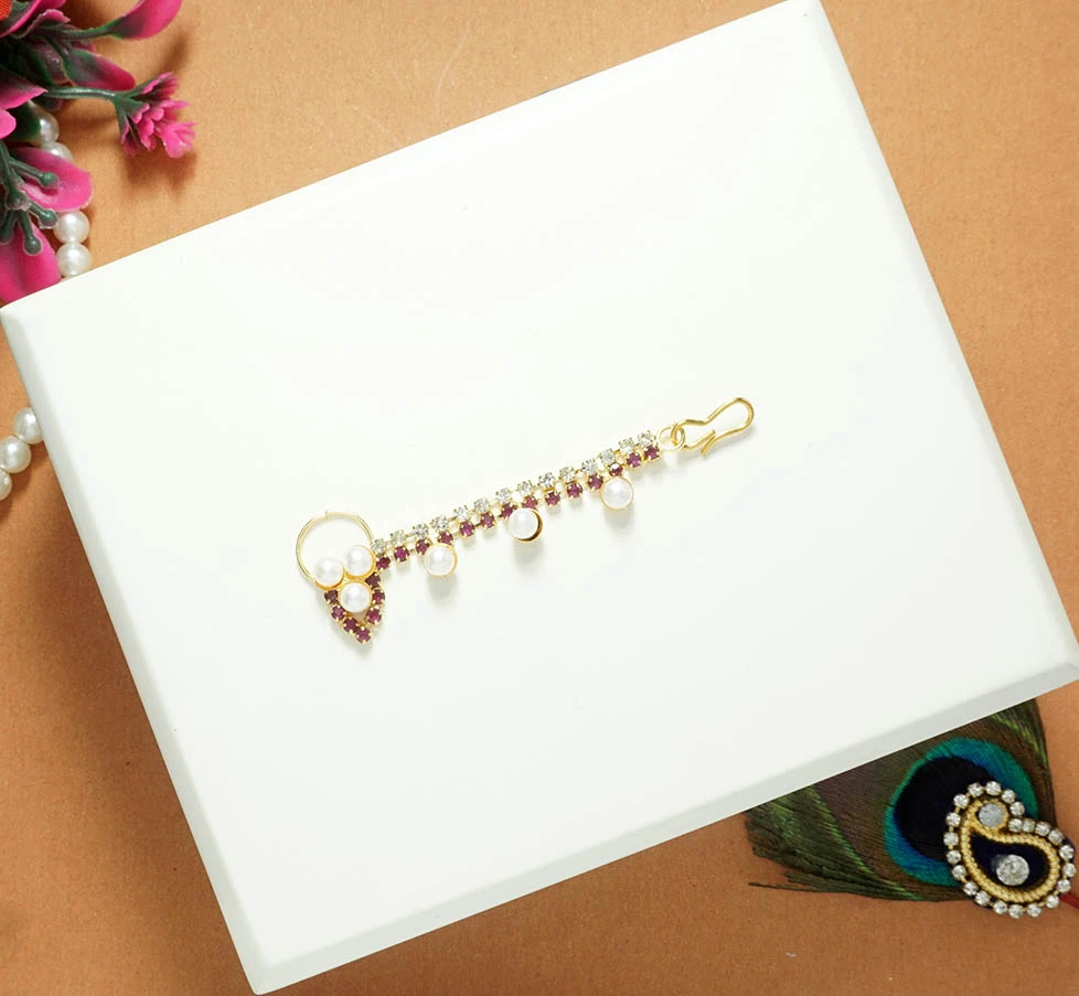 Pink Stone Pearl beads Work Nose Ring ( 2.5 Inch )