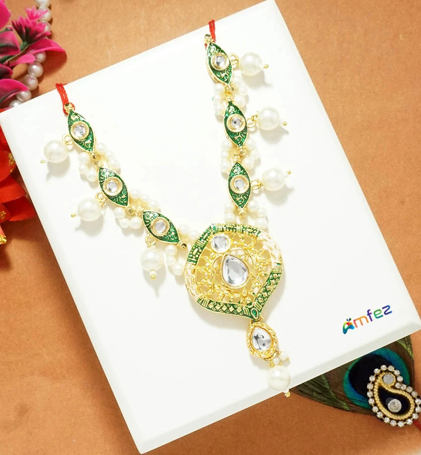 Green Kundan Meena Pearl Beads Alloy Necklace