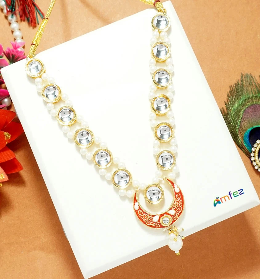 Red Kundan Meena Pearl Beads Alloy Necklace