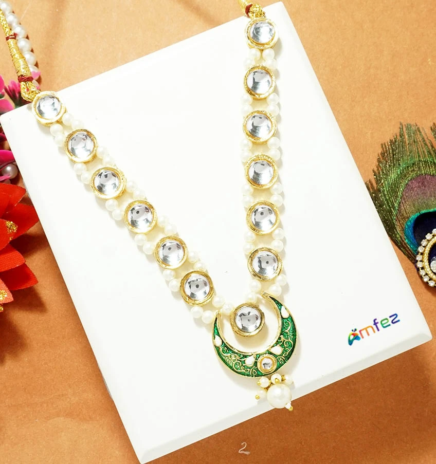 Green Kundan Meena Pearl Beads Alloy Necklace