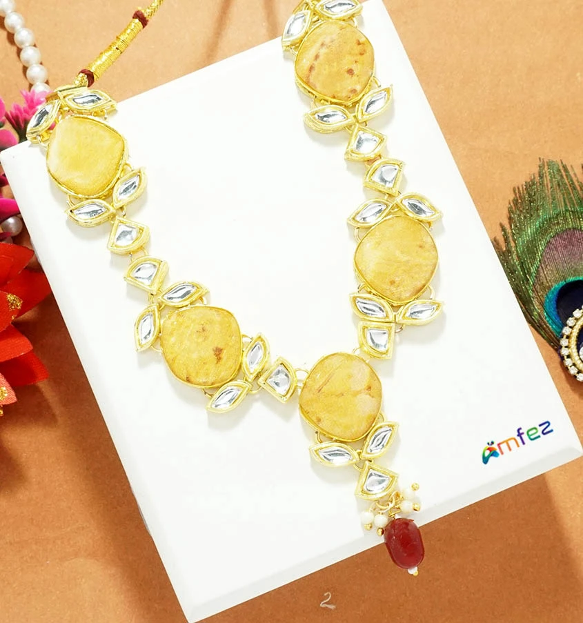 Golden Kundan Stone Pearl Beads Necklace ( 6 Inch )