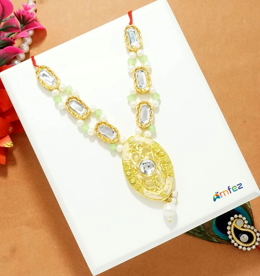 Golden Parrot Green Kundan Pearl Beads Necklace