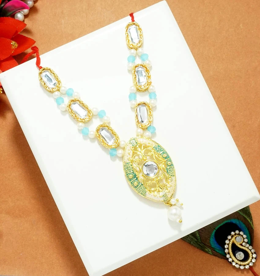 Golden SkyBlue Kundan Pearl Beads Necklace