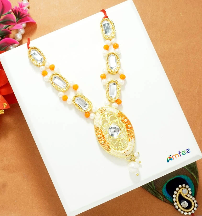 Golden Orange Kundan Pearl Beads Necklace