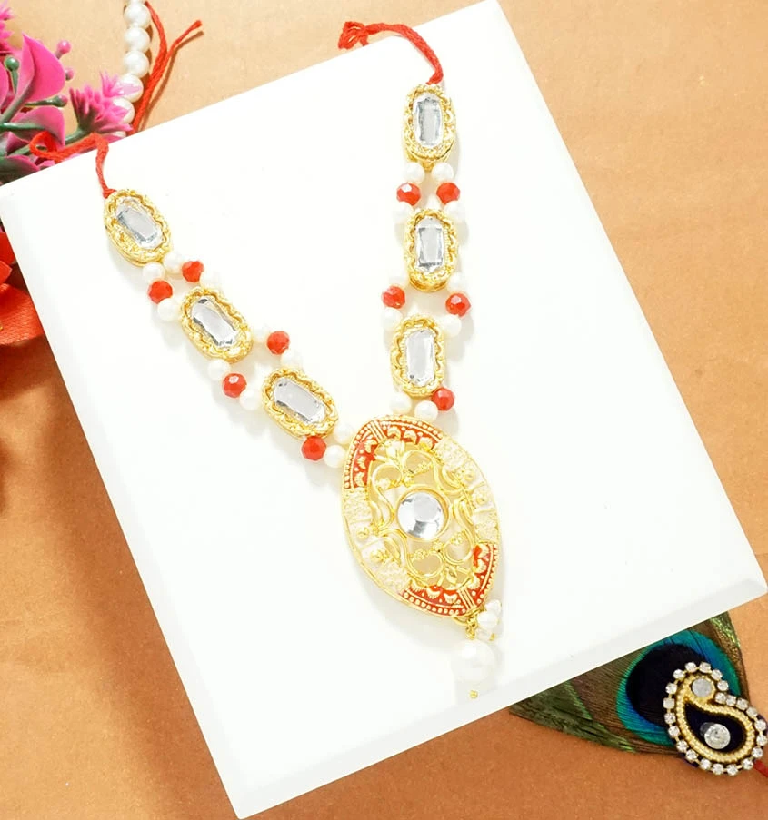 Golden Red Kundan Pearl Beads Necklace