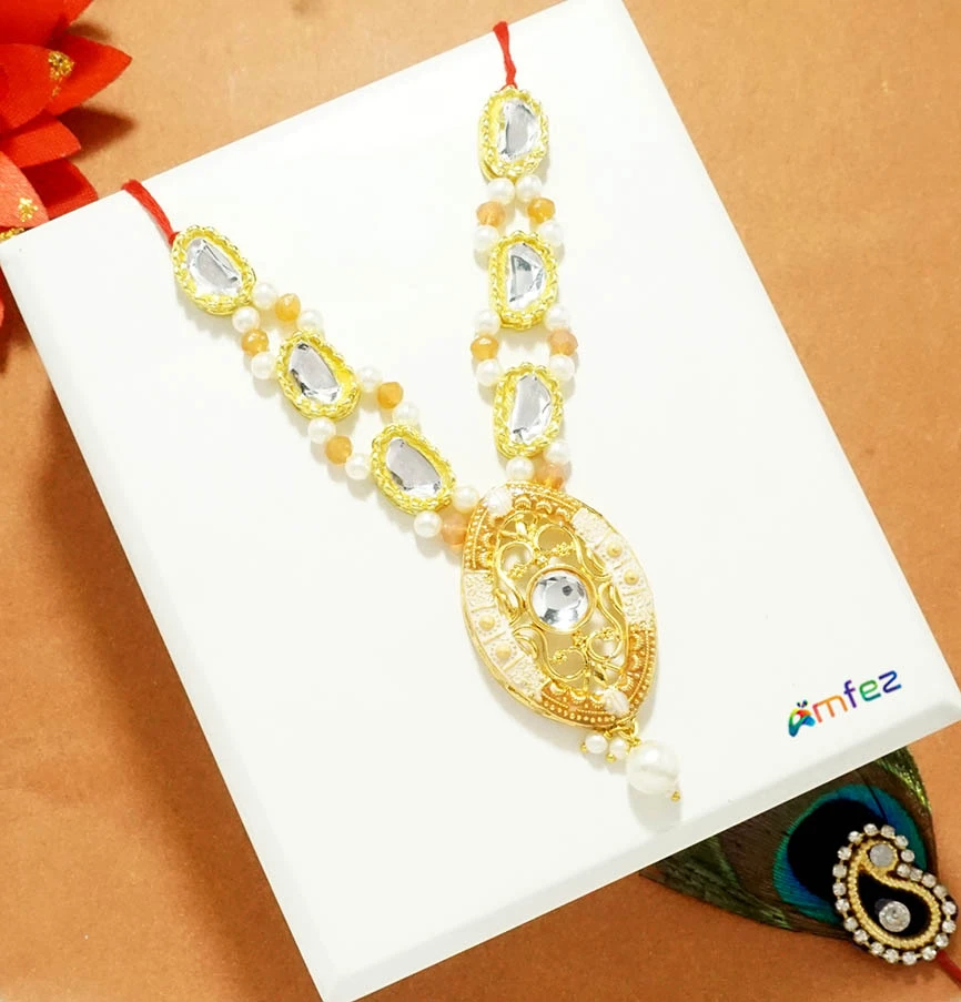 Golden Peach Kundan Pearl Beads Necklace
