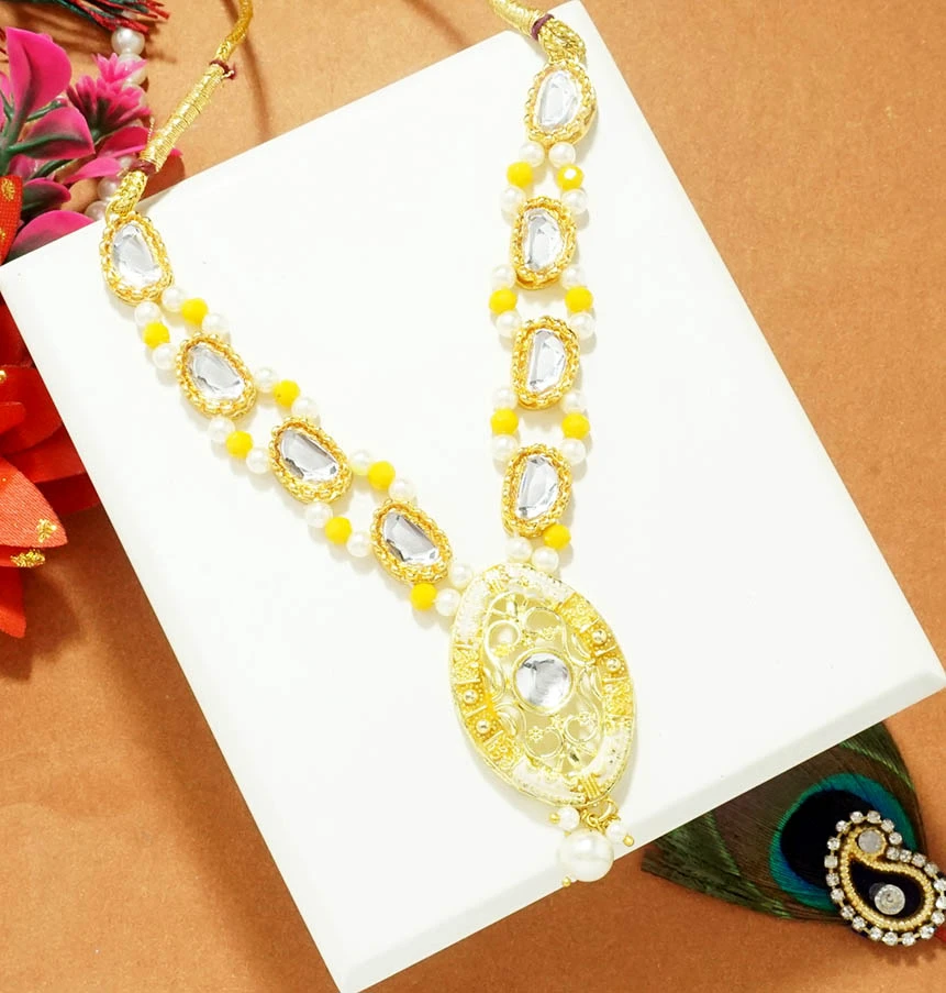 Golden Yellow Kundan Pearl Beads Necklace
