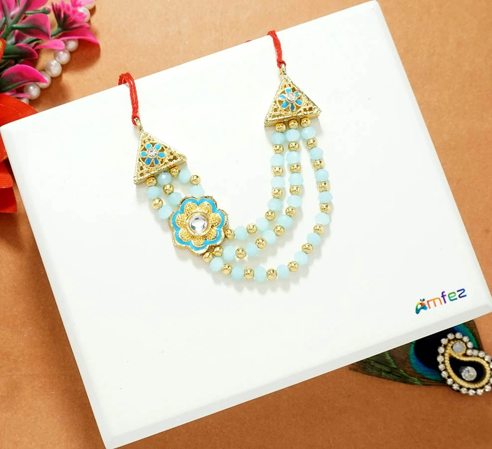 Golden SkyBlue Pearl Beads Necklace ( 2.5 Inch )