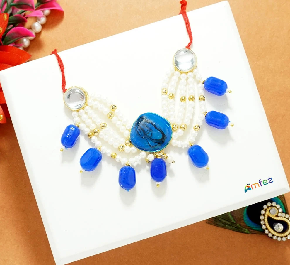 Designer Blue & White Pearl Beads Necklace ( XX-Large )