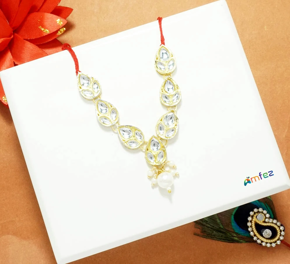 Beautiful White Kundan Pearl Beads Work Necklace ( 2.5 Inch )