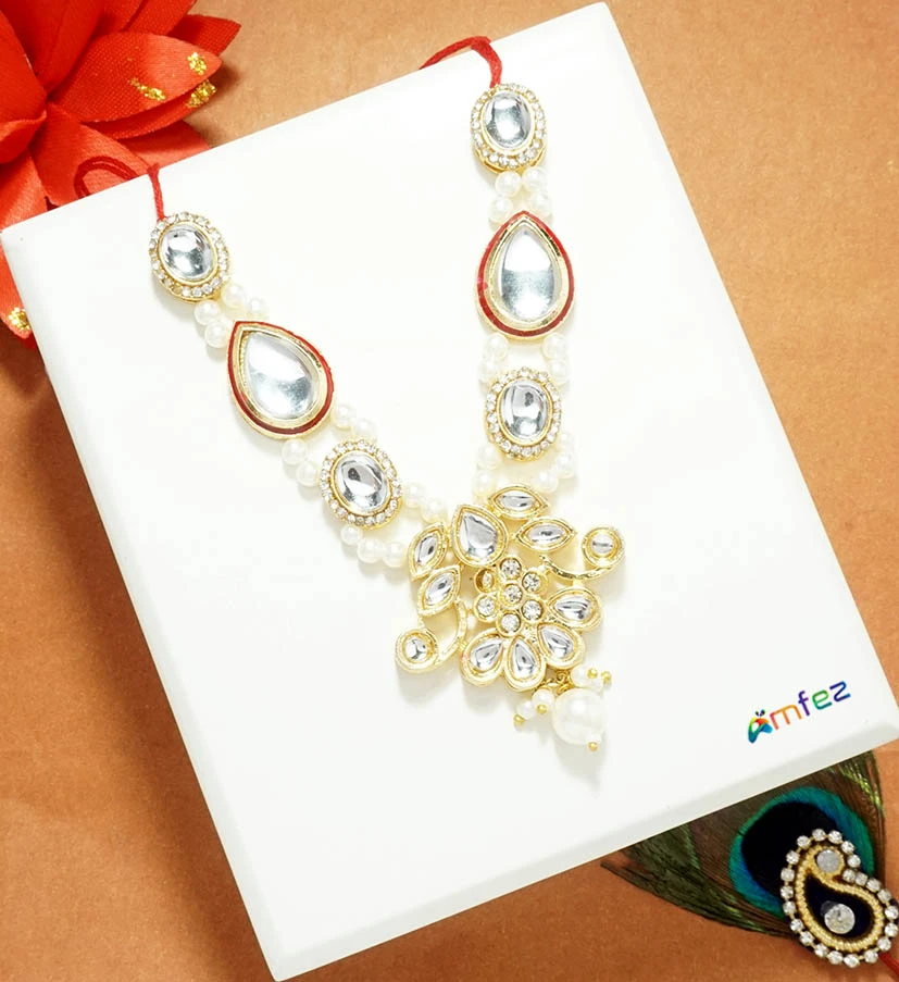 Elegant White Kundan Pearl Beads Work Necklace ( 4 Inch )