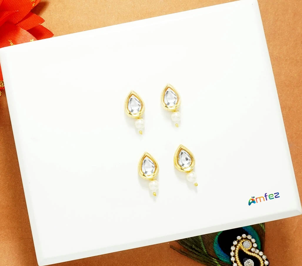 A Pack of 2 Pairs White Kundan Pearl Beads Earrings ( Large )
