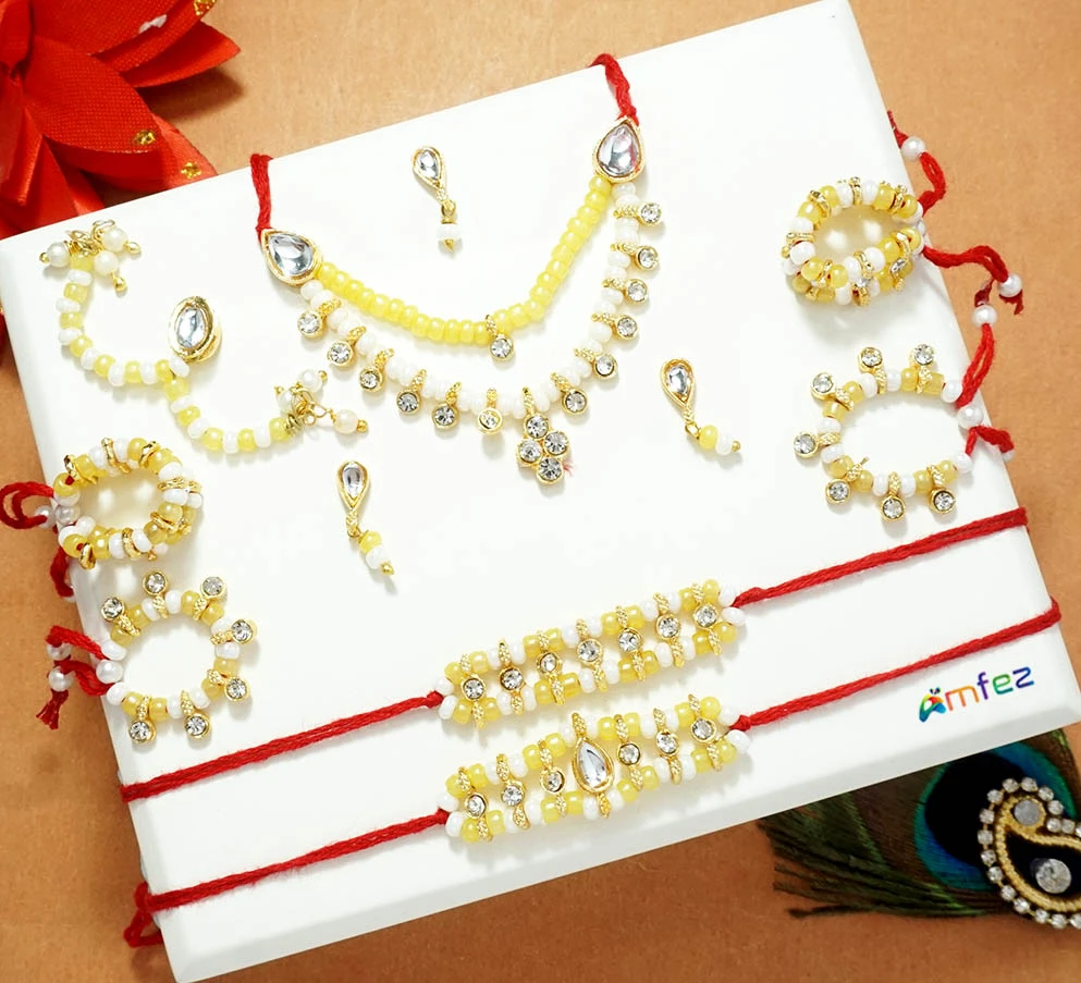 Beautiful Yellow & White Pearl Beads Full Shringar Set ( Medium )