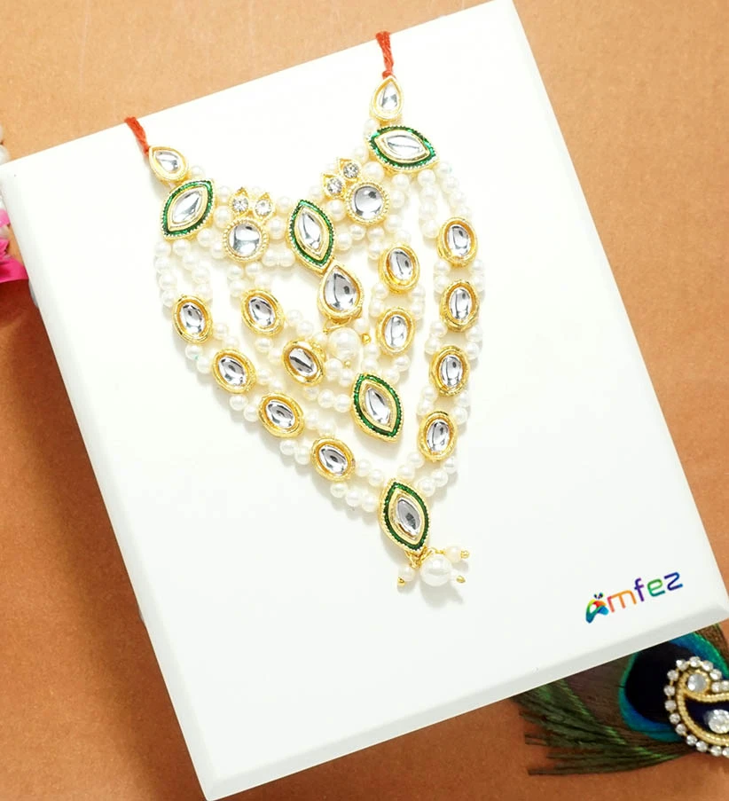Elegant Green Heavy Kundan Pearl Beads Work Necklace ( 4 Inch )