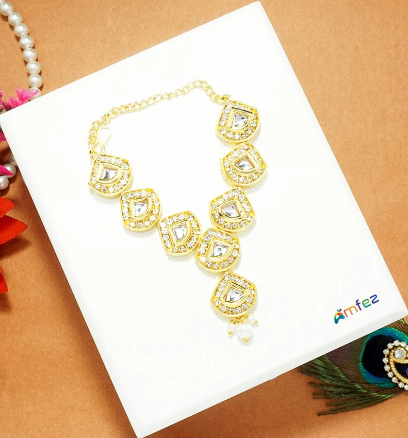 Beautiful Golden White Stone Work Necklace ( 3.5 Inch )