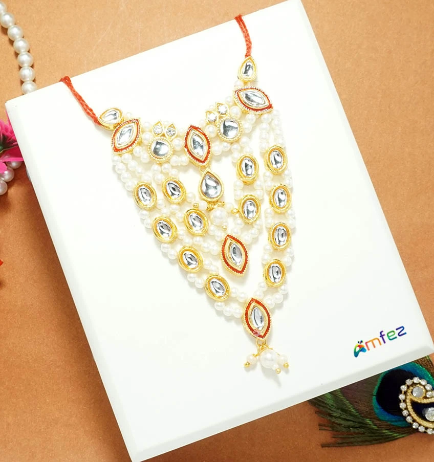 Elegant Red Heavy Kundan Pearl Beads Work Necklace ( 4 Inch )