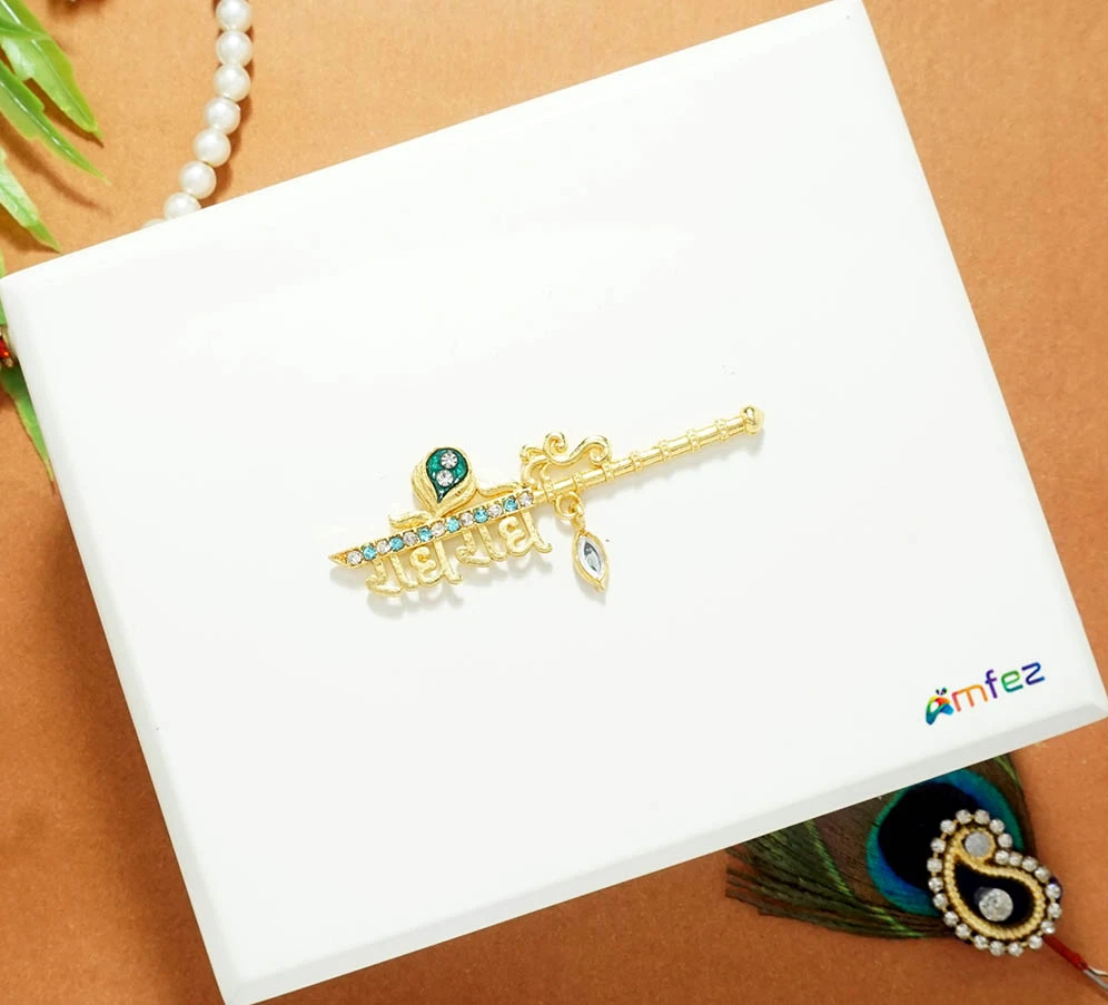 Multi Stone Pearl Beads Work Radhe Radhe Flute ( 2.5 Inch )