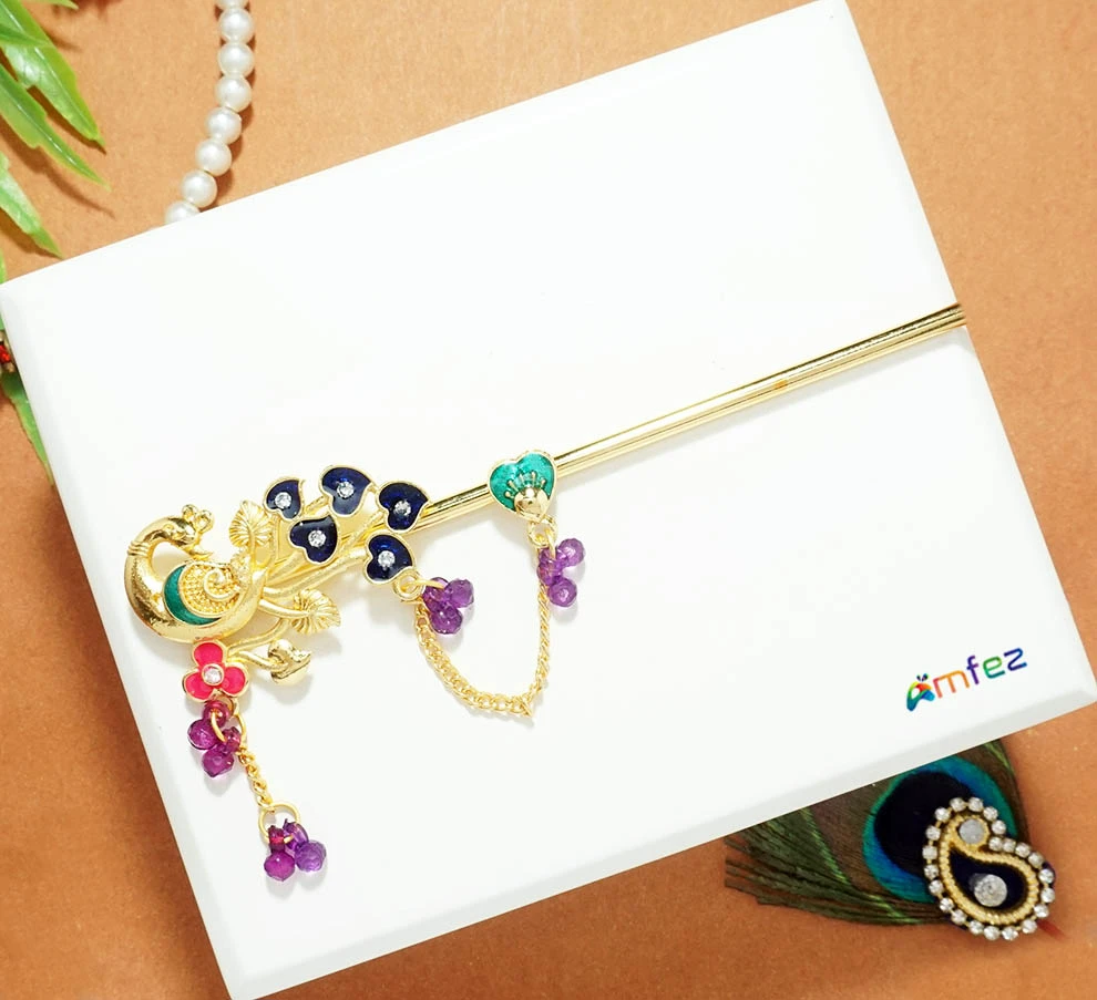 Multi Stone Meena Beads Work Peacock Flute ( 5 Inch )