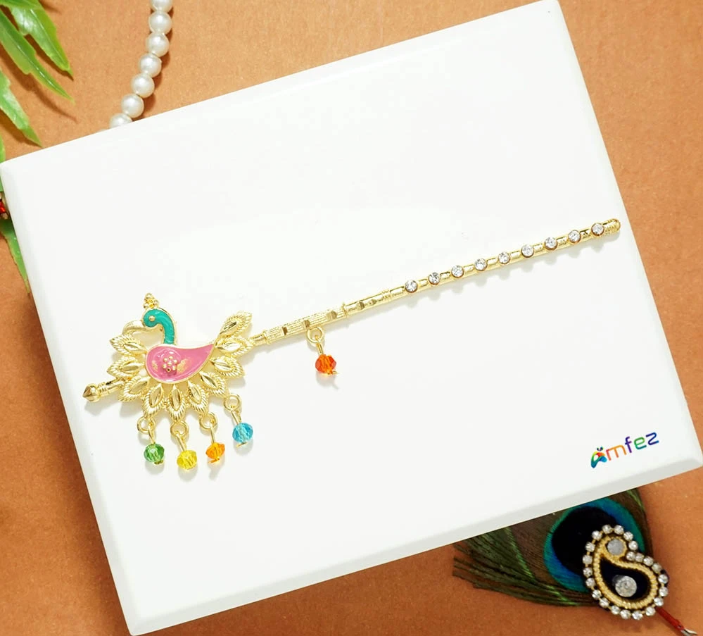 Multi Stone Pearl Meena Work Peacock Flute ( 4.5 Inch )