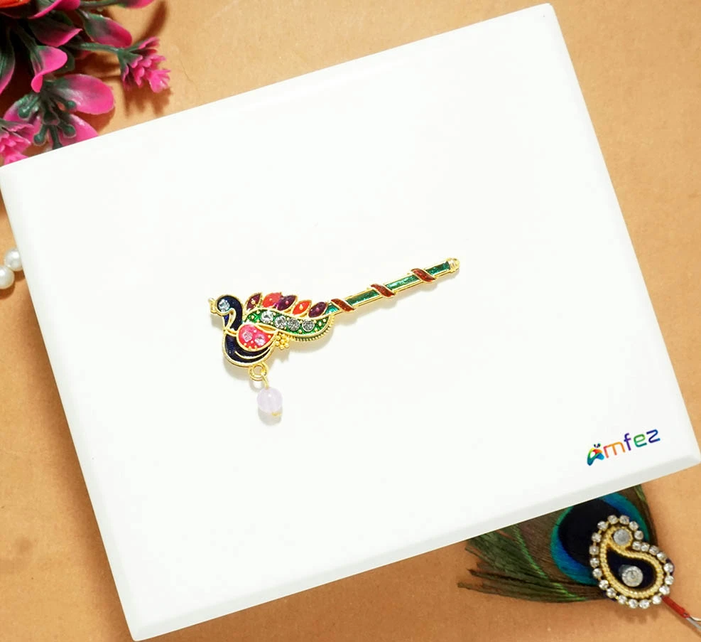 Multi Stone Meena Work Peacock Flute ( 2 Inch )