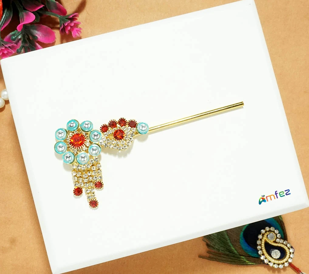 SkyBlue Stone Meena Work Flute ( 3.5 Inch )