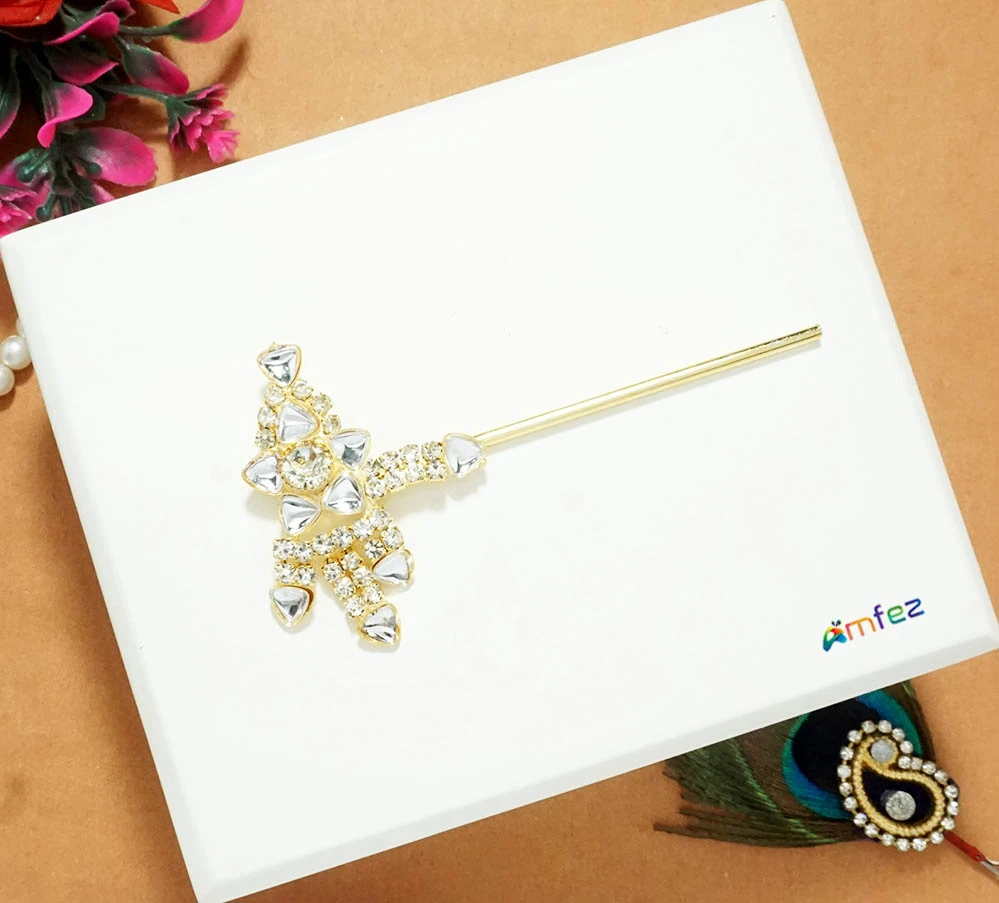 White Kundan Stone Work Flute ( 3 Inch )