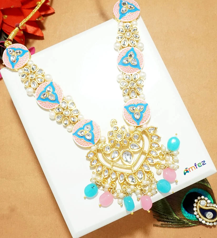 Elegant Pink & Blue Heavy Kundan Pearl Beads Work Necklace (5 Inch )