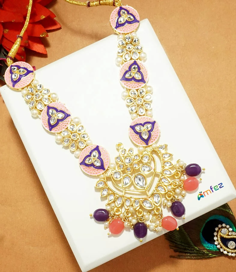 Elegant Pink & Purple Heavy Kundan Pearl Beads Work Necklace (5 Inch )