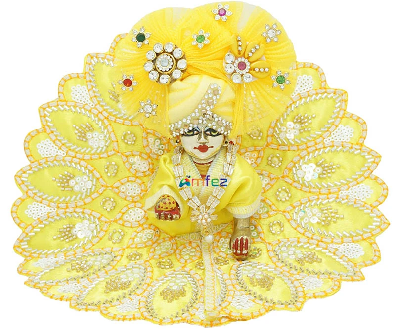 Yellow Machine Sitara Beads Embroidery Work Laddu Gopal Dress